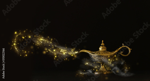 Canvastavla Image of magical mysterious aladdin lamp with glitter sparkle smoke over black background