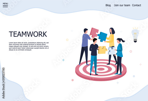 A group of 4 young people holds puzzle blocks in their hands. The concept of teamwork, solving problems, achieving goals in business, startup, success. Flat vector illustration on white background.
