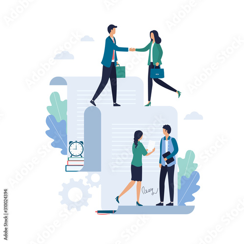 The concept of signing an agreement, contract conclusion online. Business people, a man and a woman shake hands after making a deal, employees discuss the details. Flat vector illustration isolated on