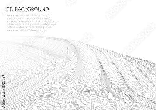 Abstract 3D image of a mountain with a polygonal mesh. View from a great height. Landscape on a white background.