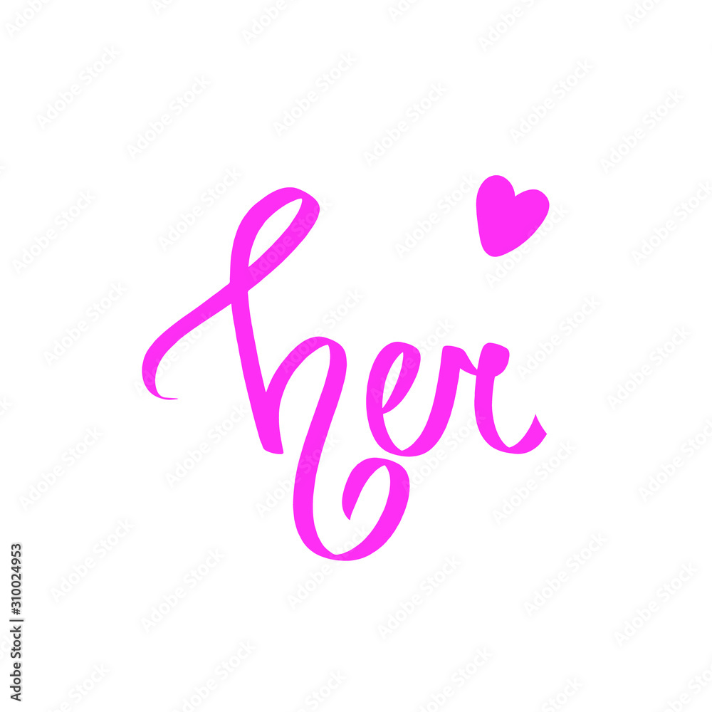 Her pink calligraphic word font design, alphabet letters raster illustration, little heart. Handwritten typography poster, greeting card, logo, print art or wedding decoration. Valentines day style. Her pink calligraphic word font design, alphabet letters raster illustration, little heart. Handwritten typography poster, greeting card, logo, print art or wedding decoration. Valentines day style.