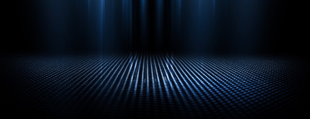 Dark empty scene, blue neon searchlight light, wet asphalt, smoke, night view, rays.