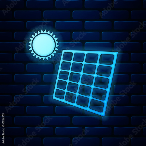 Glowing neon Solar energy panel and sun icon isolated on brick wall background. Vector Illustration