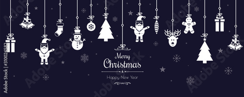 Christmas greetings ornament elements hanging in blue background