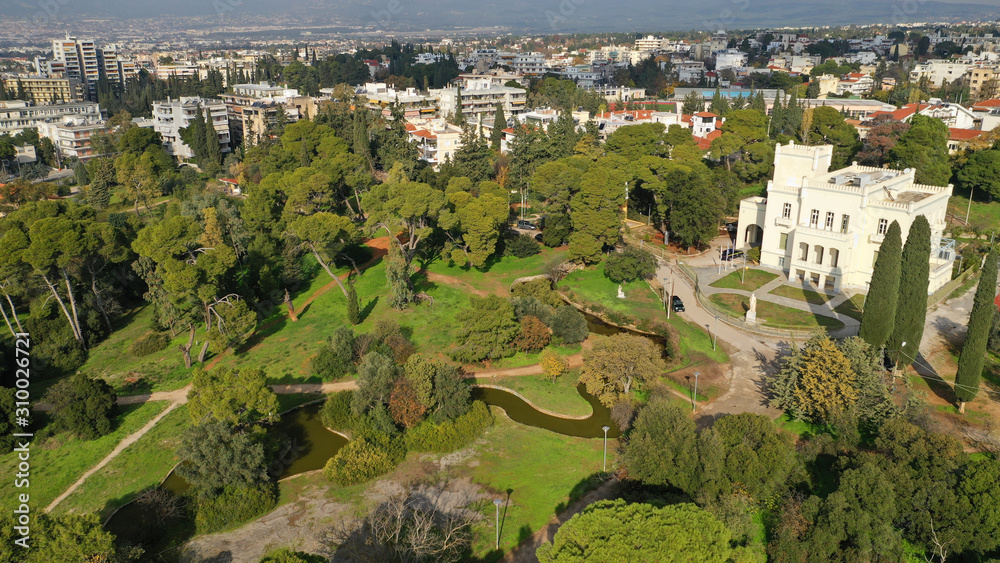 Aerial drone photo of beautiful park of Syggrou with rare trees and beautiful nature, Marousi, North Athens, Greece