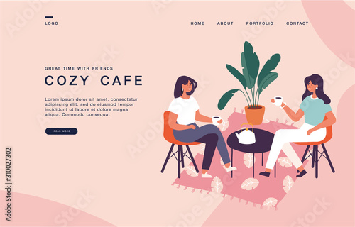 Landing page template for websites with pair of female friends sitting at the table, drinking tea or coffee and talking.