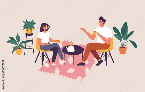 Vector illustration couple sitting at the table, drinking tea or coffee and talking. Romantic date in a cafe.