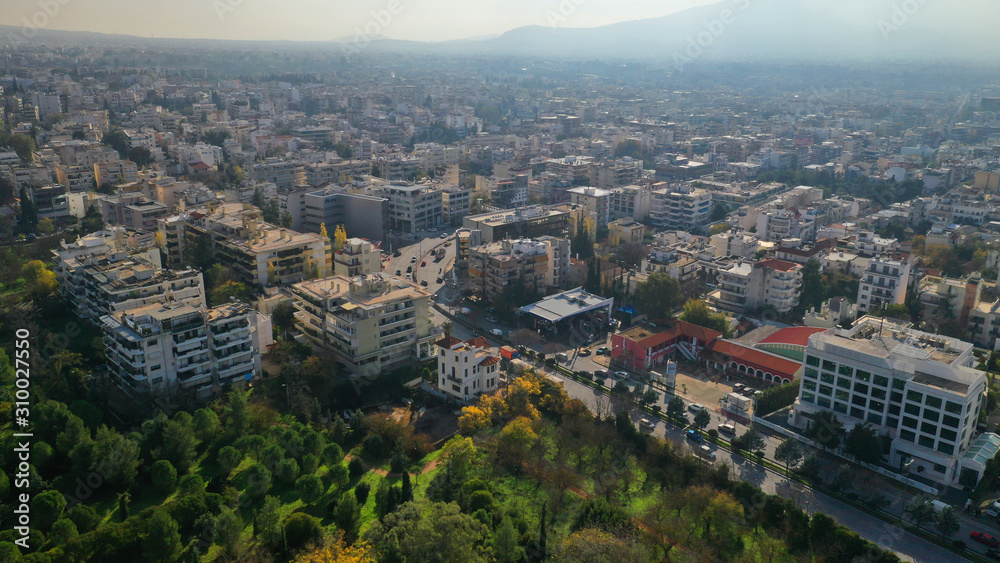 Aerial drone photo of beautiful park of Syggrou with rare trees and beautiful nature, Marousi, North Athens, Greece