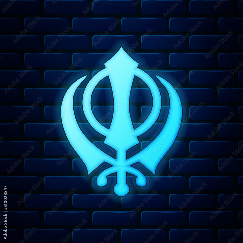 Glowing neon Sikhism religion Khanda symbol icon isolated on brick wall