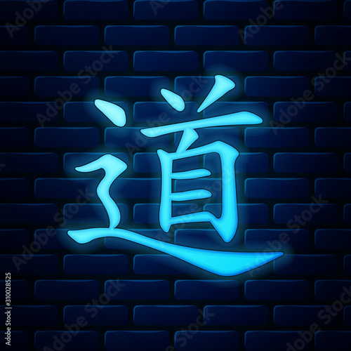 Glowing neon Chinese calligraphy, translation Dao, Tao, Taoism icon isolated on brick wall background. Vector Illustration