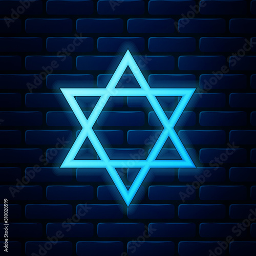 Glowing neon Star of David icon isolated on brick wall background. Jewish religion symbol. Vector Illustration