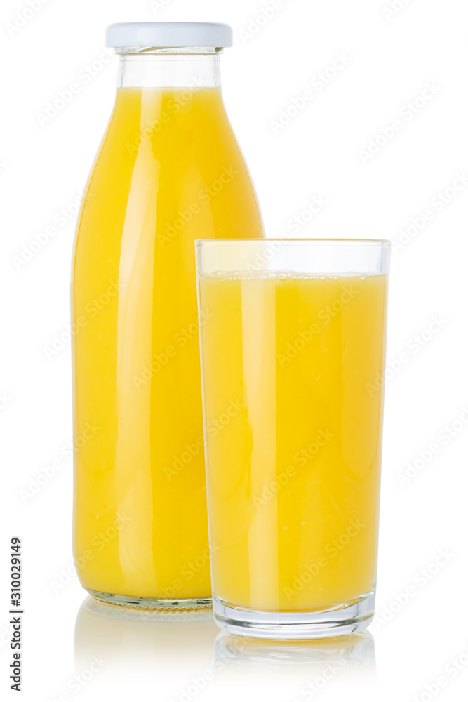 Fresh orange fruit juice smoothie drink in a bottle and glass isolated on white Fresh orange fruit juice smoothie drink in a bottle and glass isolated on white