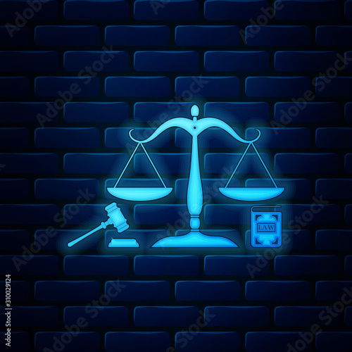 Glowing neon Scales of justice, gavel and book icon isolated on brick wall background. Symbol of law and justice. Concept law. Legal law and auction symbol. Vector Illustration