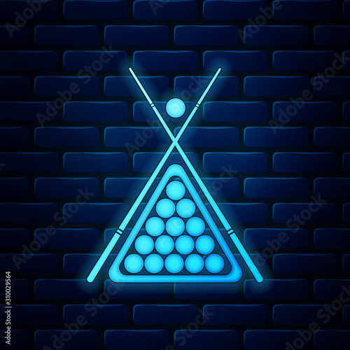 Glowing neon Billiard cue and balls in a rack triangle icon isolated on brick wall background. Vector Illustration