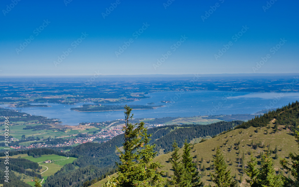 View from the mountains to Lake Chiemsee. Aschau im Chiemgau, Bavaria, Germany