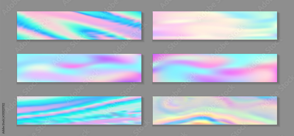 Naklejka premium Hologram luminous flyer horizontal fluid gradient mermaid backgrounds vector set. Silk hologram 