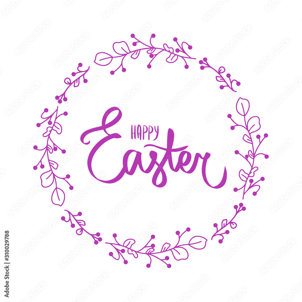 Happy Easter Day celebration festival flat border logotype. Spring holiday typography lettering. Greeting card laurel wishes frame. Sign wreath white background. Violet purple branch Abstract