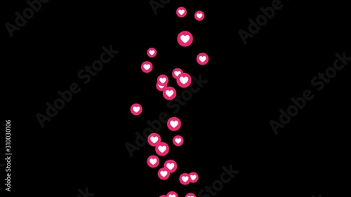 Animation of social media love icons hearts rising from bottom at black screen background. A flow of red hearts render animation moving in middle of black mockup screen.