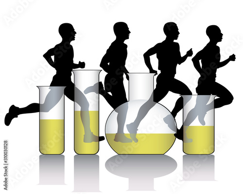 Running men in medical test tubes and flasks. Figure on doping in sports