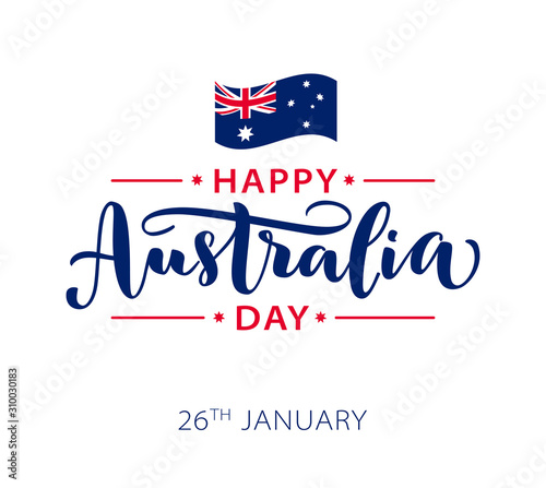 Happy Australia Day with stars and ribbon. Vector illustration Hand drawn text lettering for Australia day. Script. Calligraphic design for print greetings card, sale banner, poster. Colorful