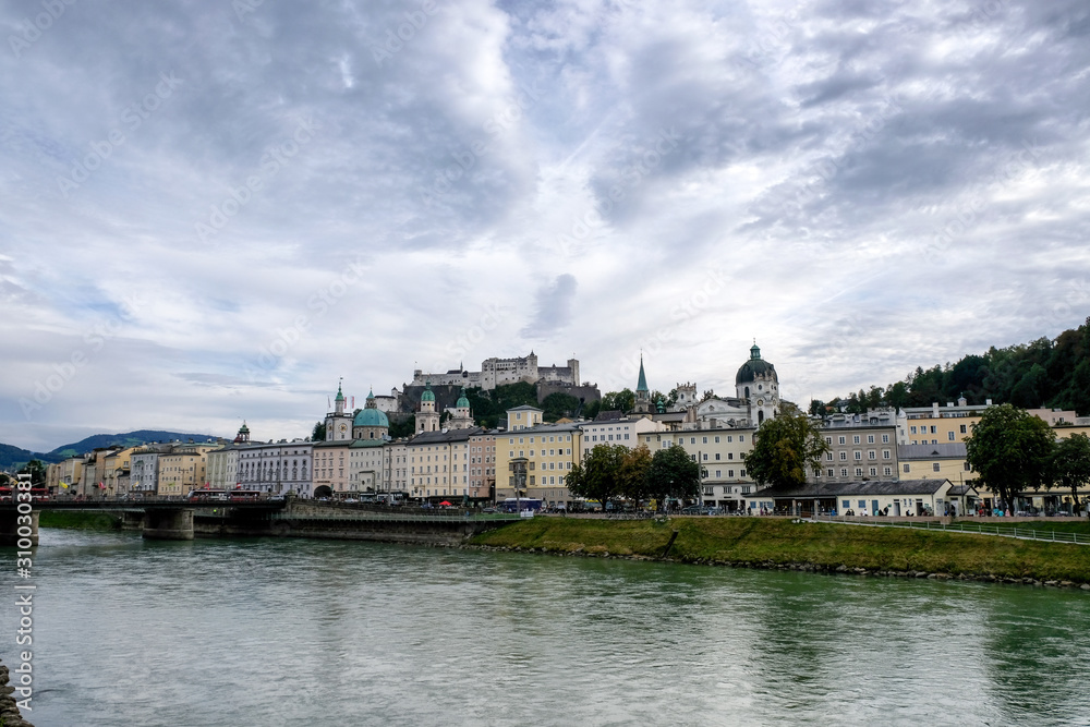 View of the Old Town from the river. Salzburg, Austria