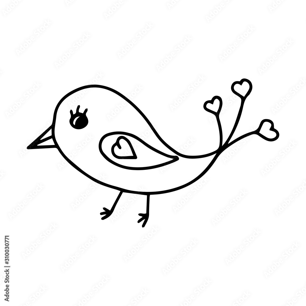 Vector illustration. Hand-drawn in doodle style cute bird with hearts on the tail. Black and white contour design element for Valentine's Day. The object is isolated on a white background. Vector illustration. Hand-drawn in doodle style cute bird with hearts on the tail. Black and white contour design element for Valentine's Day. The object is isolated on a white background.