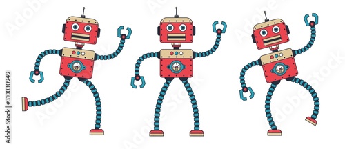 Funny retro robot dancing. Steampunk cartoon vintage red cyborg poses. Vector illustration.