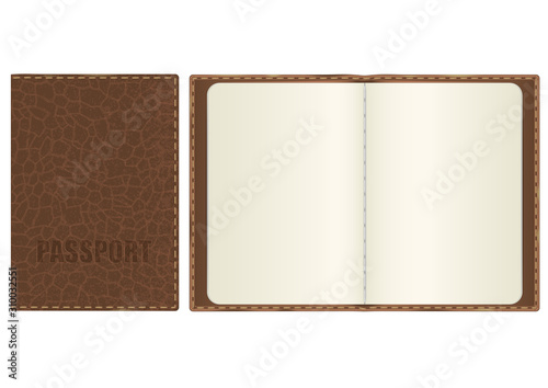 open passport in leather brown cover and closed. clean template for document design