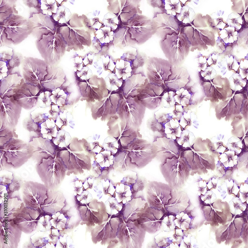 Primula Flowers Seamless Pattern. Watercolor  Background.