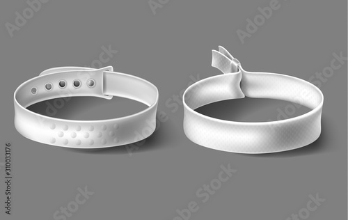 White festival party fabric and plastic wristbands with safety lock. Identity cloth bracelets. Vector mockup with blank access security control design for music concert, dance and events