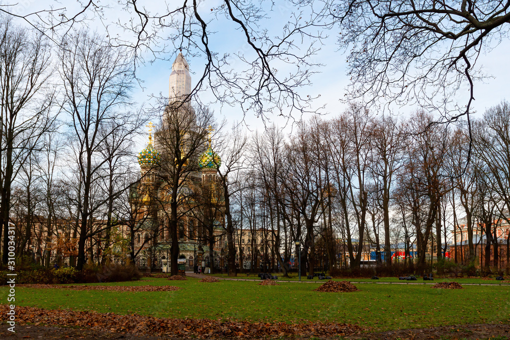 Saint-Petersburg, Russia. Church of the Savior on Spilled Blood, view from the Mikhailovsky Garden. Cathedral of the Resurrection of Christ. St. Petersburg museums. Churches of Russian Orthodox.