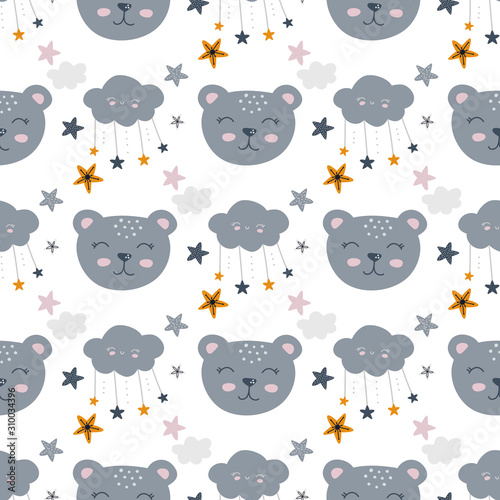 Bear face, sleepy animal seamless background, nursery pattern design, vector illustration