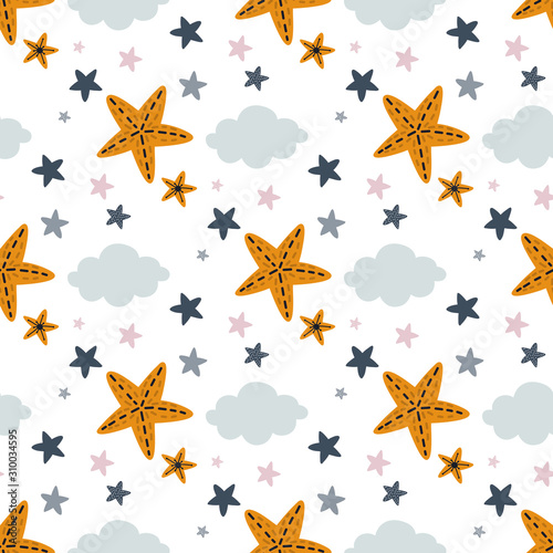 Clouds and stars seamless background, nursery pattern design, vector illustration