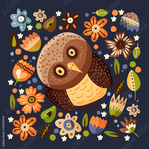 Cute cartoon vector owl card in a flat style. Wild night bird postcard with floral botanical elements and flowers.