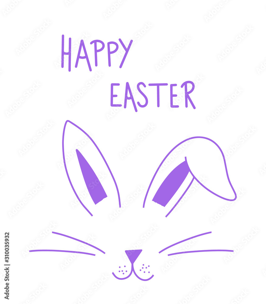 Happy Easter Day wishes. Bunny violet face icon illustration. Calligraphy postcard, poster, graphic design element, rabbit ears. Handwritten holiday purple Easter sketch. Photography overlay sign. 