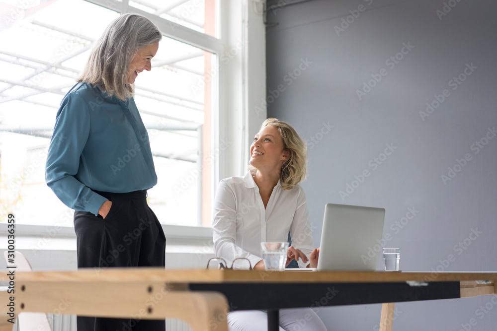 Two businesswomen smiling at each other at desk in office together Two businesswomen smiling at each other at desk in office together