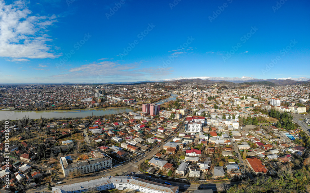 Aerial panorama of Kutaisi, Georgia. Drone photo
