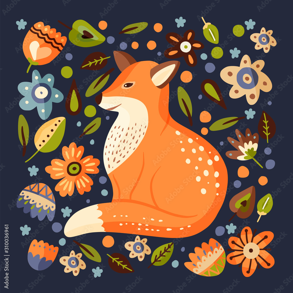 Plakat Cartoon fox cute vector illustration. forest clever funny animal square card with ornate botanical foliage elements.