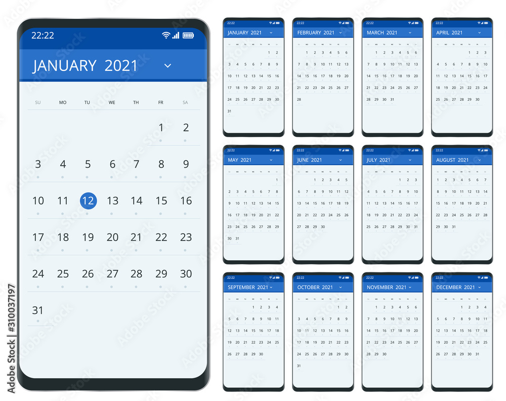 2021 Calendar, Business planner. Print Template with Place for Photo, Your Logo and Text. Week Starts Sunday. Portrait Orientation. Set of 12 Months. Planner for 2021 Year. 2021 Calendar, Business planner. Print Template with Place for Photo, Your Logo and Text. Week Starts Sunday. Portrait Orientation. Set of 12 Months. Planner for 2021 Year.