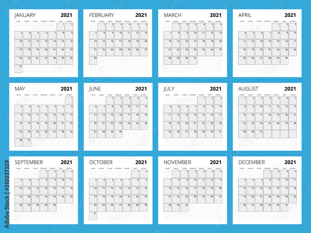 2021 Calendar, Business planner. Print Template with Place for Photo, Your Logo and Text. Week Starts Sunday. Portrait Orientation. Set of 12 Months. Planner for 2021 Year.
