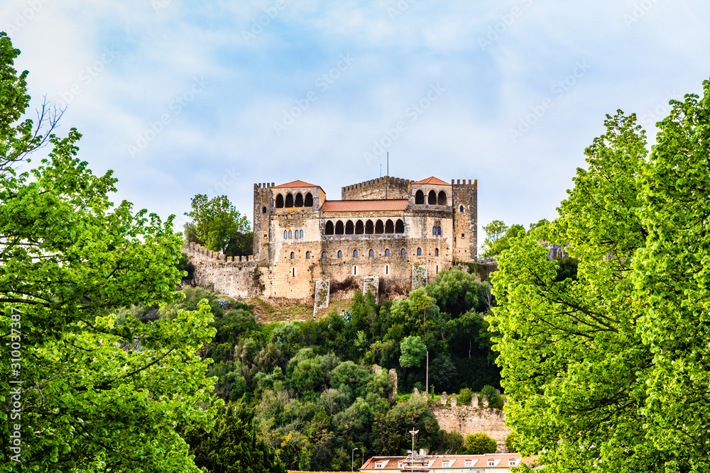 The castle of Leiria on the top of a hill surroundedn by trees in Leiria, Portugal