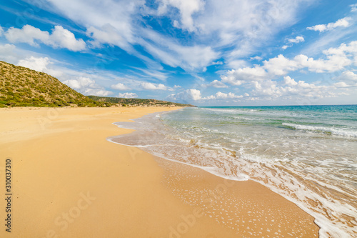 Fototapeta Naklejka Na Ścianę i Meble -  Golden Beach the best beach of Cyprus, Karpas Peninsula, North Cyprus. Travel concept and idea. Beautiful tropical beach. Golden sands. North Cyprus, Golden Beach.
