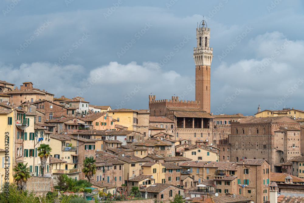 Medieval town Siena skyline view with historic buildings and Town Hall Bell Tower in Italy