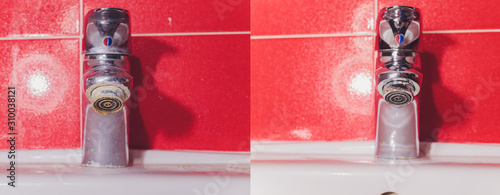 Canvas Print Water tap in detail with limescale close up soiled bathroom Calcified faucet