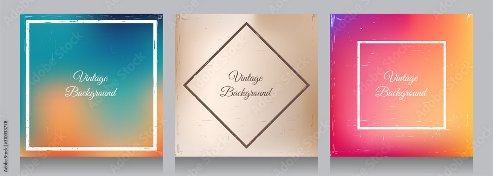 Abstract vector backgrounds set. Blurred gradient color with scratches. Square size. Layout grunge texture. Element for design business cards, invitations, gift cards, flyers and brochures.