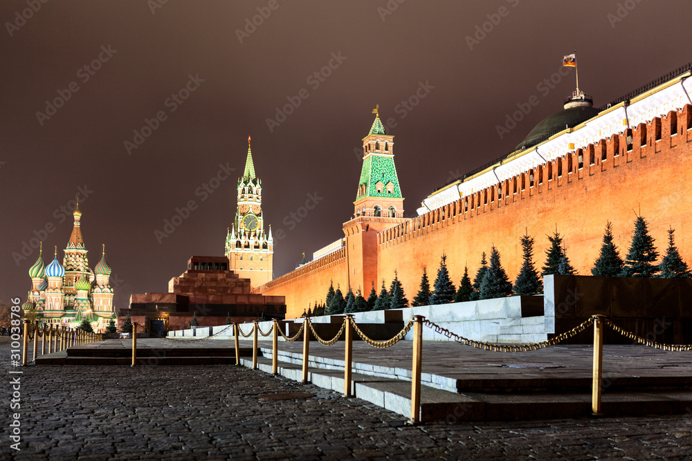 Red square with walls, Lenin Mausoleum and Senate palace at night. The Kremlin, night view. Moscow, Russia