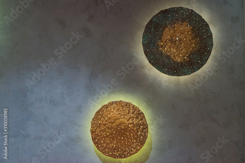 Two vintage Light bulb ceiling with dark background with copy space for texture, idea creative background concept