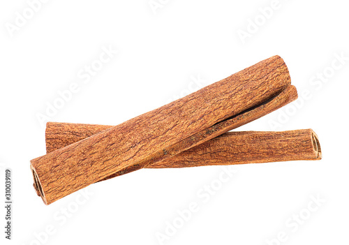 Two cinnamon sticks isolated on white background, front view.