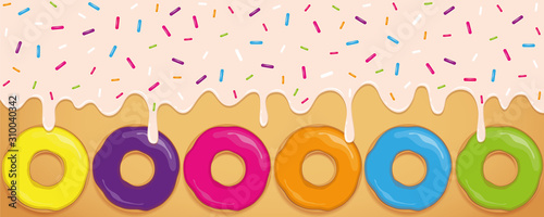 crazy sweet melting icing with colorful sprinkles and donuts vector illustration EPS10