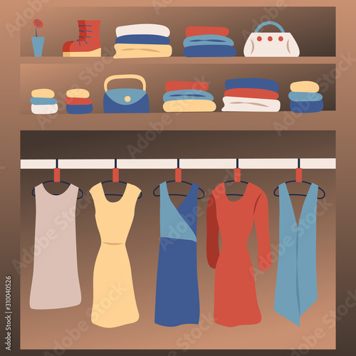 Set of Women s dresses, boots and accessories, cocktail party and working dresses. Flat style. Vector illustration